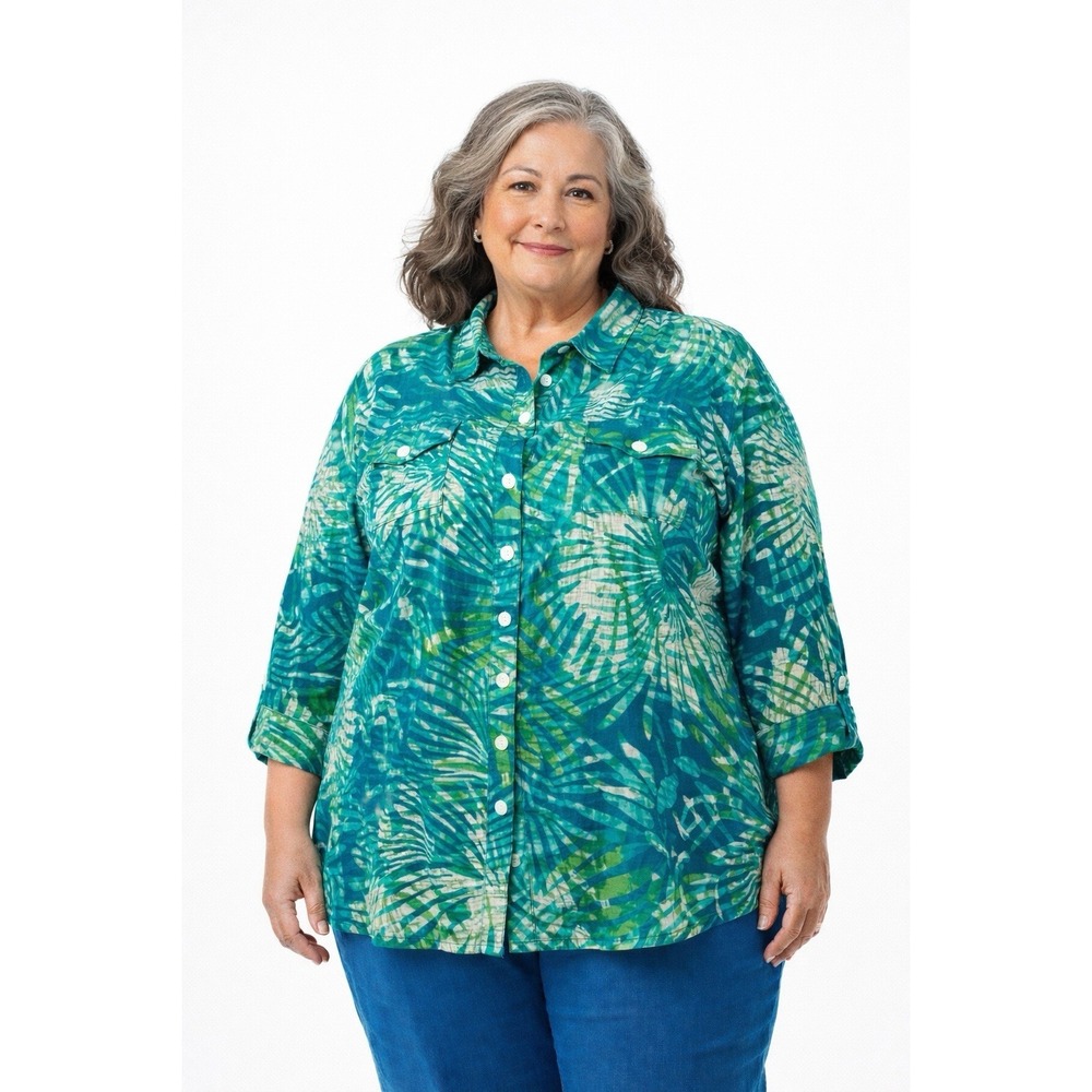 Ruby Rd Woman 22W Teal Tropical Button Front Blouse Lightweight Plus Size